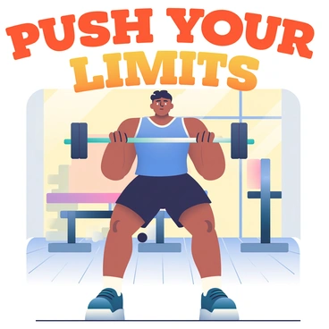 A motivational gym banner showcases a person performing cable crossovers with a focused expression. The individual has athletic build and short black hair, wearing a fitted, sleeveless blue workout top and black shorts. The gym environment includes a variety of exercise equipment in the background, such as weight benches and dumbbells. Bright, inspiring text in bold letters reads "Push Your Limits" at the top of the banner, overlaying an energetic color gradient that transitions from orange to yellow. The floor is made of polished wood, reflecting the strong lighting overhead.