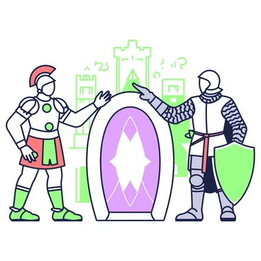 A magical portal is positioned in the center of the scene, radiating an ethereal light. On the left side, a Roman soldier in full armor, complete with a red plume on his helmet, extends his hand towards the portal. He is holding a shiny bronze coin. On the right side, a medieval knight clad in chainmail and a surcoat stands with a sword sheathed at his waist. He is offering a beautifully crafted wooden shield towards the portal. Above the portal, wisps of energy twist and dance, creating a dynamic atmosphere. In the background, hints of ancient ruins and medieval castles are visible, representing the contrasting eras of the characters.