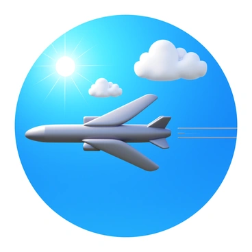 An airplane soaring through a clear blue sky. The airplane features sleek wings and a polished fuselage. Behind the airplane, a strong tailwind creates a visible stream of air, depicted as swirling lines. The sun is shining brightly, illuminating the aircraft and enhancing its metallic sheen. Fluffy white clouds dot the sky, providing contrast to the vibrant blue.