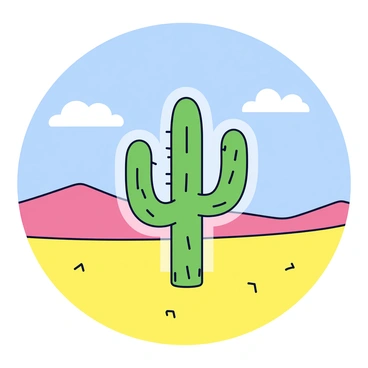A solitary cactus with tall, slender arms is positioned in the center of a vast desert landscape. The cactus has a vibrant green color with spines arranged in a radial pattern. Surrounding the cactus is a flat expanse of golden sand dunes that gently rise and fall into the distance. The sky above is a clear blue with a few wispy clouds. A faint, shimmering aura glows around the cactus, creating a subtle contrast against the warm tones of the desert.