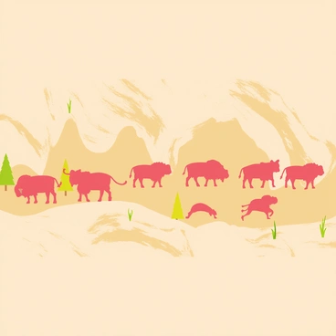 A series of ancient cave paintings featuring multiple buffaloes in a prehistoric setting. The buffaloes are depicted in various poses, some grazing while others are running. The cave walls are rugged and textured, showcasing natural earth tones like browns and ochres. Stylized silhouettes of the buffaloes are outlined in dark red, with hints of white and yellow used to add depth. Surrounding the buffaloes, simple representations of trees and grass indicate the environment. The overall scene captures the essence of early human artistry and connection to nature.