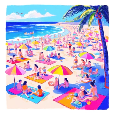 A beach scene captures a bustling crowd of people enjoying the sun. Families are spread out on colorful beach towels, some playing beach volleyball, while others are building sandcastles. Children are running and laughing, with a beach ball flying through the air. Umbrellas of various colors dot the sandy area, providing shade for sunbathers. In the distance, one person is resting far away under a shady palm tree, peacefully reclining on a hammock with a book in hand. The ocean waves gently lap at the shore, and seagulls can be seen soaring above.
