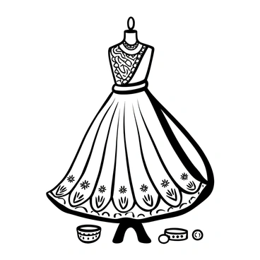 A lehenga with intricate embroidery displayed on a mannequin. The lehenga features elaborate patterns and designs, with flowing layers that cascade down. Surrounding the lehenga are decorative elements like delicate bangles and an ornate necklace. An elegant dupatta is draped gracefully around the mannequin, adding to the overall presentation.