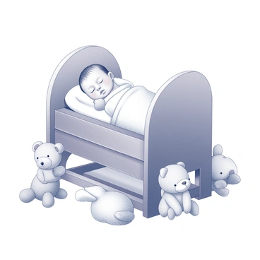 A newborn baby is peacefully sleeping in a wooden cradle. The cradle has a simple yet elegant design, with curved edges and a smooth finish. Surrounding the baby are various soft toys, including a plush teddy bear and a stuffed rabbit, positioned around the perimeter of the cradle. The baby is swaddled in a light blanket, and the scene conveys a sense of warmth and comfort. Soft, diffused light illuminates the area, enhancing the tranquil atmosphere of the setting.