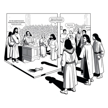 A duotone illustration features a dramatic public trial scene. In the foreground, a group of apostles stands resolutely, displaying expressions of strength and determination. They are positioned in front of a raised platform, where a judge sits with an imposing demeanor. The apostles are dressed in traditional robes, with intricate patterns adorning their garments. In the background, a diverse crowd watches intently, their faces reflecting curiosity and concern. Accusations are being hurled from a figure standing to the side, gesturing forcefully. The atmosphere is tense, emphasizing the gravity of the moment.
