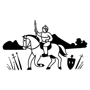 A valiant knight in shining armor riding a majestic horse. The knight holds a lance pointed forward, showcasing determination. The horse stands tall with a flowing mane. Surrounding them is a misty battlefield with scattered swords and shields partially visible through the fog. In the background, dark silhouettes of distant hills and trees can be seen. A sense of movement is captured as the horse gallops through the scene, creating ripples in the mist.