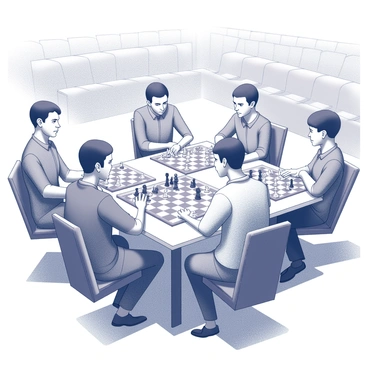 A chess tournament is taking place in a quiet hall. Several players are seated at chess tables, focused intently on their boards. Each player contemplates their next move, with a variety of expressions reflecting concentration and strategy. A single spotlight illuminates the central area, casting shadows that enhance the atmosphere of competitiveness. The surrounding hall features rows of empty seats, indicating the anticipation of an audience. Chess pieces are arranged mid-game on the boards, showcasing various strategic positions, emphasizing the significance of each player's decisions.