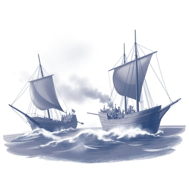 A tumultuous naval battle scene unfolds on the open sea. Two large ships, one representing Carthaginian forces and the other Roman, are engaged in fierce combat. The Carthaginian ship, with a prominent ram at the bow, is depicted as it maneuvers to strike its opponent. The Roman vessel, featuring a high, sturdy hull, is shown with its rowers working in unison, propelling the ship forward. Sails billow against the wind, while soldiers on deck prepare to launch projectiles. The water is choppy, with waves crashing against the ships, creating splashes that enhance the intensity of the battle. Smoke rises from the ships, hinting at the chaos of combat, while the sky above is filled with dark clouds, adding to the dramatic atmosphere.