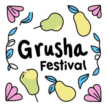 A vintage-style poster features the text "Grusha Festival" prominently in the center. The letters are crafted in playful, rounded fonts. Surrounding the text are colorful illustrations of fruit, particularly pears, in various shades of green and yellow. The background is filled with bold colors, incorporating bright reds and blues. Decorative elements, such as floral motifs, frame the edges of the poster, enhancing the vintage aesthetic.