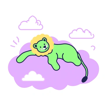 A lazy lion is lounging comfortably on a large, fluffy cloud. The lion has a golden mane that blends softly with the cloud's texture. Its eyes are half-closed, and it appears relaxed, stretching one paw out. The cloud is billowy and has an ample shape, floating in a vast expanse above. The scene captures a tranquil moment, with the gentle curvature of the cloud cradling the lion. A few wispy tendrils of cloud drift around, adding to the softness of the setting.