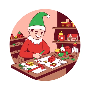A red elf on the shelf is busy at work in a tiny toy workshop. The elf is wearing a green hat with a white pom-pom and a red shirt. Around the elf, there are various miniature toys scattered on a small wooden table. The table has tiny tools, such as a hammer and a screwdriver, alongside colorful toy parts waiting to be assembled. In the background, shelves are lined with completed toys, including dollhouses and wooden trains. The workshop has warm lighting, adding a cozy atmosphere to the scene.