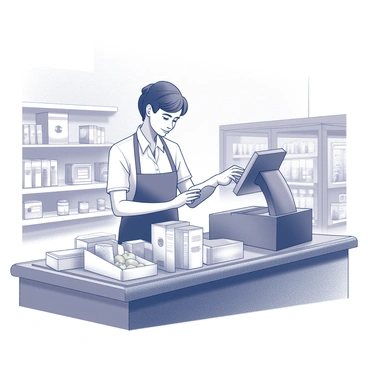 A cashier stands at a checkout counter in a grocery store, focused on scanning items. The cashier's hands are positioned over a scanner, with various grocery items lined up on the conveyor belt, such as cereal boxes, fruits, and canned goods. The cashier's head is slightly lowered, avoiding eye contact with the customer. Behind the cashier, there are shelves stocked with products, adding to the bustling atmosphere of the store. The lighting in the store is bright, illuminating the scene.