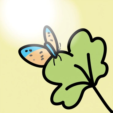 A butterfly with colorful wings rests on a vibrant green celery leaf. The butterfly's wings display intricate patterns of blues and oranges. The celery leaf is large and fresh, with visible veins and a glossy surface. Soft sunlight filters through the scene, casting gentle light on the butterfly and leaf. The background is blurred, creating a sense of calmness while emphasizing the butterfly and the leaf in the foreground.