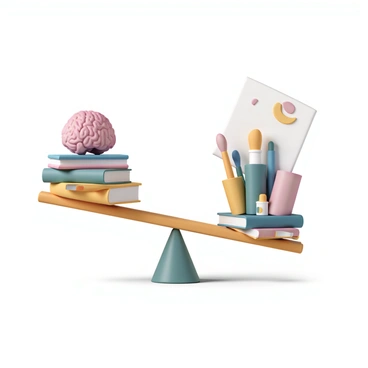 A scale with a brain on each side, one side filled with books and the other with brushes and canvases