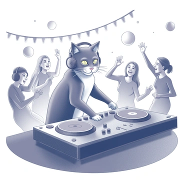 A cat standing behind a turntable, wearing large headphones that rest atop its head. The cat is focused, with its paw poised over the mixing equipment, adjusting the volume and selecting tracks. Surrounding the DJ booth is a lively party atmosphere, with partygoers dancing energetically. Various decorations such as balloons and streamers hang in the background. The lighting is bright, enhancing the festive mood of the scene. In the foreground, a few enthusiastic guests appear to be enjoying the music, with smiles and animated gestures.