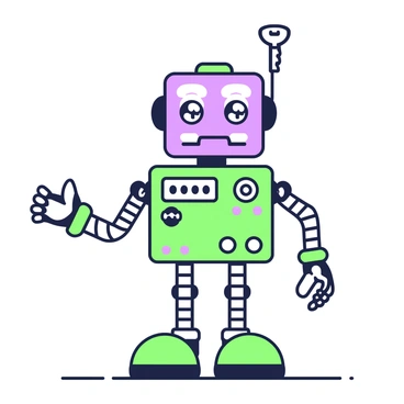 A whimsical wind-up toy robot stands on a wooden surface. The robot has a shiny metallic body with round buttons and a colorful face that features large, expressive eyes. Its arms are outstretched as if it is about to move, and it has tiny feet that are set in a playful stance. A prominent key is inserted into its back, ready to be wound up. The background is simple, focusing on the robot’s intricate details, including gears and joints that hint at its mechanical nature. The atmosphere conveys a sense of anticipation as the robot waits to spring into action.