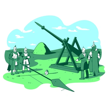 A medieval scene with an arrow indicating the target for a trebuchet