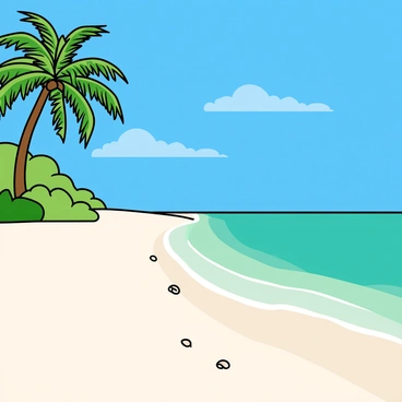 A pristine white sand beach with crystal clear turquoise waters and palm trees