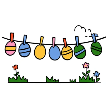 Easter eggs in various vibrant colors, such as pink, blue, yellow, and green, are wrapped in shiny, colorful ribbons. They are hanging from a clothesline, swaying gently in a light breeze. The eggs are evenly spaced along the line, creating a cheerful display. In the background, there are hints of green grass and blooming flowers, adding to the festive atmosphere. The sky above is clear and bright, enhancing the cheerful scene.