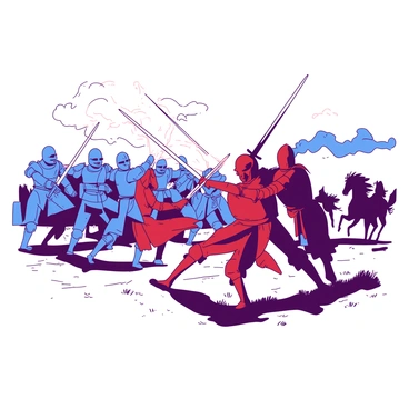 A duotone illustration depicting a medieval battlefield filled with chaos. To the left, a group of blue-armored knights is engaged in a fierce sword fight, their blades clashing with sparks flying in the air. In the center, a pair of red knights grapples, their expressions intense as they struggle for dominance. The background shows a vague outline of a medieval castle, partially obscured by smoke rising from the ground. Off to the side, a couple of horses can be seen rearing up in excitement, their manes flowing in the wind. The ground is uneven, covered with patches of grass and scattered debris from the battle.