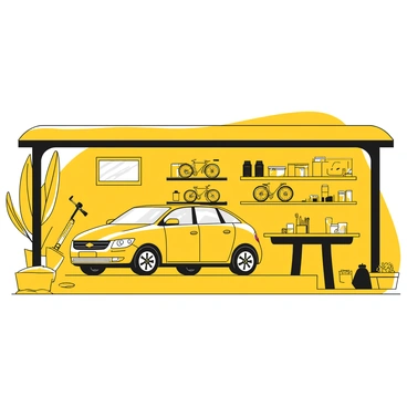 A typical suburban garage with a family car parked inside, featuring a modern design. The car is a four-door sedan with a shiny exterior. To the side of the car, there are two bicycles resting against the wall, one with a yellow frame and the other with a black frame. The garage has shelves filled with various tools, gardening supplies, and storage bins neatly arranged. A workbench is positioned in the corner, cluttered with a few scattered tools and a small potted plant on top. Natural light filters through a small window, illuminating the space.
