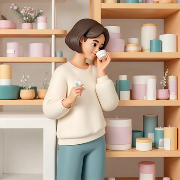 A young woman, Nobara, with short brown hair wearing a comfortable sweater and jeans, is standing in a cozy candle shop filled with various scented candles. She holds a small jar candle close to her nose, taking in the fragrance with a smile. The shop has wooden shelves lined with colorful candles of different shapes and sizes, with soft lighting creating a warm atmosphere. In the background, there are decorative items like dried flowers and small ornaments on the shelves, enhancing the cozy feel of the space.