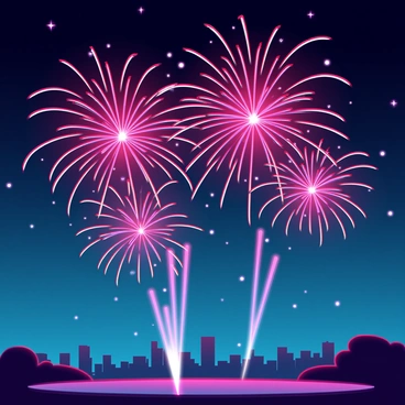 A night sky filled with vibrant red fireworks bursting in various shapes and sizes. The explosives create intricate patterns, lighting up the darkness with brilliant flashes of crimson. The stars twinkle faintly in the background, contrasting with the vivid display. A distant silhouette of a city skyline can be seen under the fireworks, adding depth to the scene, while the light from the explosions reflects on nearby surfaces, enhancing the festive atmosphere.