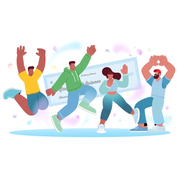 A group of four friends is celebrating with an energetic dance. One friend is jumping in the air with both arms raised, wearing a bright yellow t-shirt. Another friend, wearing a green hoodie, is laughing and spinning around, while a third friend is doing a playful dance move with hands on their hips, dressed in a blue tank top. The fourth friend is clapping their hands above their head, wearing a red cap. Colorful confetti is falling around them, creating a lively atmosphere. A large check with the phrase "Lottery Winner" is visible in the background, adding to the festive scene.