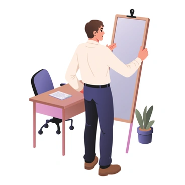 A digital flat illustration depicting an entrepreneur standing in front of a full-length mirror. The entrepreneur has light skin and short brown hair, wearing a crisp white shirt and navy blue trousers with brown shoes. They have a confident posture, with one hand gesturing as if making a point during the pitch. The mirror reflects their focused expression. The background consists of a simple office setting with a desk, a chair, and a potted plant, creating an environment conducive to practice. A few sheets of paper with notes are scattered on the desk, adding to the scene's context.