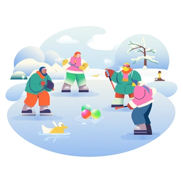 A unique croquet game is being played on a frozen pond in winter. The pond is covered with a smooth layer of ice, reflecting the clear blue sky above. Players are dressed in colorful winter attire, with scarves and mittens, emphasizing their breath in the cold air. There are six brightly colored croquet balls arranged in a line, with players taking turns to hit them with mallets. Snow-covered trees surround the pond, their branches heavy with white snow. In the background, a family of ducks can be seen sliding across the ice, adding a lively touch to the winter scene.