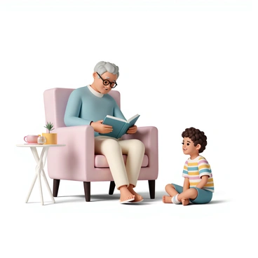 A grandparent, with gray hair and wearing glasses, sits in a cozy armchair, holding an open book in their lap. They are wearing a soft blue sweater and light beige pants. A child, with curly brown hair, is sitting cross-legged on the floor, wearing a colorful striped shirt and denim shorts. Both are smiling at each other, their eyes sparkling with joy. The room is softly lit, creating a warm atmosphere, with a small side table next to the armchair holding a cup of tea and a small lamp.