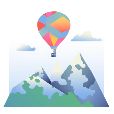 A large, colorful gas balloon floats gracefully in the sky above a range of majestic mountains. The balloon is adorned with vibrant patterns, including shades of red, blue, and yellow. Below, the mountains are rugged with sharp peaks, covered in patches of greenery and snow at the summits. The sky is a soft gradient, transitioning from light blue at the horizon to deeper blue higher up, with a few fluffy white clouds scattered throughout. A sense of elevation is conveyed as the balloon rises higher, contrasting with the solid, towering presence of the mountains below.