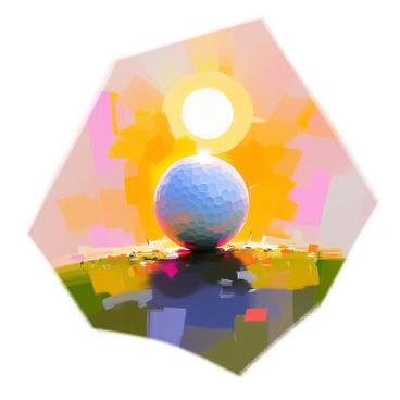 A bright golf ball is positioned in front of the sun, creating a dramatic silhouette against the vibrant sky. The sunlight is partially blocked, casting a distinct shadow of the golf ball on a patch of grass below. The ground is illuminated by the surrounding sunlight, highlighting the texture of the grass and the contrast between the shadow and light. The sun appears as a glowing orb in the background, radiating warm light that enhances the scene.