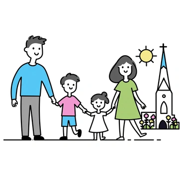 A family of four is walking hand in hand on a path leading toward a church. The father, wearing a blue shirt and gray trousers, is holding the hand of a young boy dressed in a red t-shirt and denim shorts. The mother, wearing a green dress, is holding the hand of a young girl in a white summer dress. The church, with its tall steeple and simple architectural design, is visible in the background, surrounded by a well-maintained garden with blooming flowers. The sun is shining brightly, casting soft shadows on the path.
