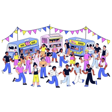 A lively music festival with a large crowd of people dancing and enjoying the music. Various food trucks are scattered around, each with colorful signage and offering different types of food. Vibrant flags in multiple colors are waving gently in the breeze, adding to the energetic atmosphere. The scene is filled with excitement and movement, showcasing people of different ages and backgrounds engaging in the festivities.