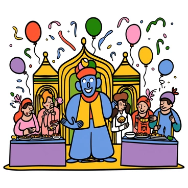 A festive genie with blue skin and a big smile is standing in a lavish palace. The genie is wearing a gold vest and a red sash, with a colorful turban adorned with jewels. Balloons of various colors are floating around the room, and bright streamers are hanging from the ceiling. The palace features ornate decorations, with golden pillars and intricate designs on the walls. There are tables set with delicious food, and guests are laughing and mingling, creating a lively atmosphere.
