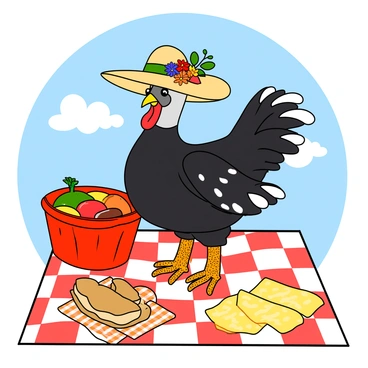 A comical guinea fowl with distinctive white spots on its dark feathers stands proudly on a checkered picnic blanket. The guinea fowl is wearing a large, colorful sun hat adorned with vibrant flowers and a wide brim that casts a playful shadow. Surrounding the guinea fowl on the blanket are various picnic items, including a bright red basket filled with fruits, a matching checkered napkin, and a couple of sandwiches wrapped in yellow paper. In the background, a blue sky is dotted with fluffy white clouds, enhancing the cheerful atmosphere of the scene.