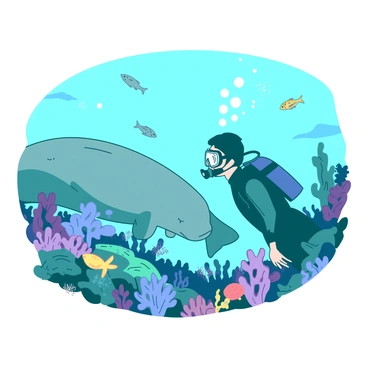 A teal diver in a wetsuit is underwater, looking closely at a large, grey dugong swimming gracefully nearby. The dugong is gliding through a vibrant coral reef filled with various types of fish swimming around it. The water is clear, allowing light to filter through and illuminate the scene. The diver is equipped with a transparent mask and snorkel, with bubbles rising from their mouthpiece. Fish of different sizes and colors dart through the coral, creating a lively underwater atmosphere.