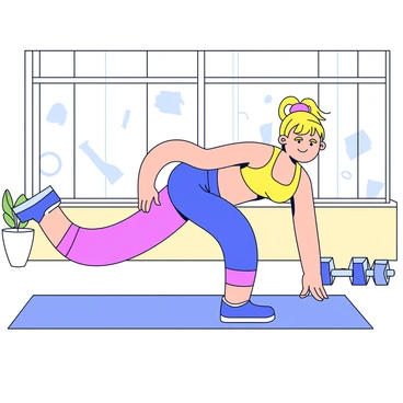 A person is performing standing side crunches in a bright studio. They are wearing fitted sportswear in vibrant colors, with a tank top and leggings that showcase their athletic physique. The studio has large windows allowing ample natural light to flood the space. The floor is a light wood, and there are minimalistic fitness-related props, like a yoga mat and dumbbells, positioned neatly in the background. The person's expression is focused, and they maintain proper posture as they engage in the exercise.