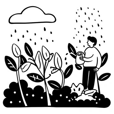 A coffee farm with rows of lush coffee plants is under gentle rainfall. A farmer dressed in a raincoat stands among the plants, holding a watering can, pouring water onto the soil. Nearby, there are large droplets of rain visibly falling onto the leaves, creating small splashes. The background features a cloudy sky, suggesting a steady downpour, while the soil is dark and rich, enhancing the farm's vibrant atmosphere.