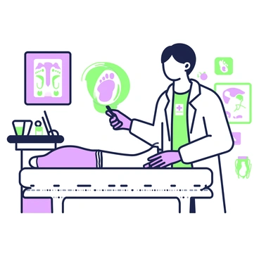 A healthcare professional is examining a patient's feet while holding a magnifying glass. The professional is wearing a white coat, gloves, and a name badge. The feet are positioned on an examination table covered with a clean white sheet. The clinic has bright lighting that illuminates the area, highlighting the details of the examination. On the walls, there are medical posters and a chart showing foot anatomy. A tray with various medical instruments is visible in the background.