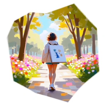 A young artist with medium skin and curly hair is walking through a lush green park. She is carrying a sketchbook under her arm, filled with various drawings visible from the edge. The park features tall trees with abundant leaves, providing a serene canopy overhead. Colorful flowers bloom along the pathways, and a gentle breeze rustles the leaves. In the background, there is a soft blue sky dotted with fluffy white clouds. The artist is wearing a comfortable, casual outfit and appears to be looking around for inspiration.
