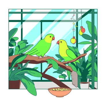 Two green parakeets are perched on a wooden branch inside a vibrant indoor aviary. The aviary is filled with various plants that have large green leaves, creating a lush environment. Sunlight filters through the clear glass panels, casting soft shadows on the ground. One parakeet is playfully hopping around while the other is gently flapping its wings, both engaging in a cheerful interaction. There are colorful toys hanging from the branches, and a small bowl of seeds is placed nearby, adding to the lively atmosphere.