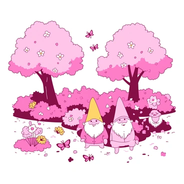 A pink garden filled with cherry trees adorned with delicate blossoms. In the midst of the garden, there are several colorful garden gnomes, each with unique hats and playful expressions. The ground is sprinkled with vibrant blooming flowers in various shades, creating a lively and inviting atmosphere. Some flowers are bending slightly in a gentle breeze, adding a sense of motion to the scene. A few butterflies are fluttering among the flowers, enhancing the garden's charm.
