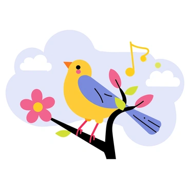 A cartoon bird with bright blue feathers and a cheerful expression is singing joyfully on a sturdy tree branch. The branch is adorned with vibrant pink blossoms, some petals gently falling to the ground. The background features a clear blue sky with a few fluffy white clouds. The bird’s musical notes, illustrated in colorful swirls, float around it, enhancing the lively atmosphere of the scene.