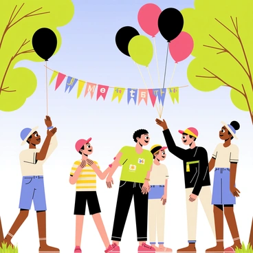 A diverse group of children with joyful expressions are releasing "red, black, and green balloons" into a clear blue sky. The children are wearing colorful summer clothing, with some sporting hats and sunglasses. In the background, there are trees with green leaves, and a festive banner that reads "Juneteenth" in vibrant letters is hanging between two trees. The sunlight is shining brightly, illuminating the scene and enhancing the cheerful atmosphere as the balloons float upwards.