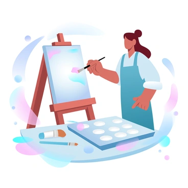 An artist is standing next to an easel, focused on painting a new book cover. The artist has a paintbrush in hand and is applying vibrant colors to the canvas. Surrounding the easel are various palettes filled with bright, colorful paints. The scene is filled with splashes of color, showcasing the artist's creative process as they work. There are brushes of different sizes resting nearby, and a few opened paint tubes are scattered on the table.