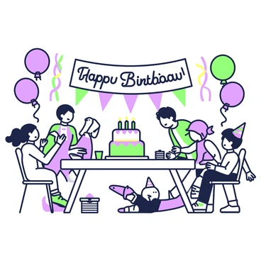 A birthday reception is set up with various decorations. Balloons in different shapes and sizes are tied to chairs, while colorful streamers hang from the ceiling. In the center, there is a large cake decorated with bright frosting and candles atop it. Around the cake, a table is covered with colorful plates and napkins. Children are gathered in groups, laughing and playing games. Some kids are playing with a colorful pinata, while others are engaged in a race with their party hats on. In the background, a banner with the words "Happy Birthday" is displayed prominently.
