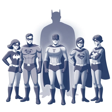 A group of five heroes stands in a defensive formation. They are clad in distinct, bold outfits, each possessing unique features such as capes, armor, and utility belts. Their expressions convey determination and readiness for confrontation. In front of them, a looming, shadowy figure is partially obscured by darkness, with only its menacing outline visible. The atmosphere is charged with tension, highlighting the impending conflict. The setting includes a dimly lit environment that enhances the sense of urgency and suspense surrounding the scene.