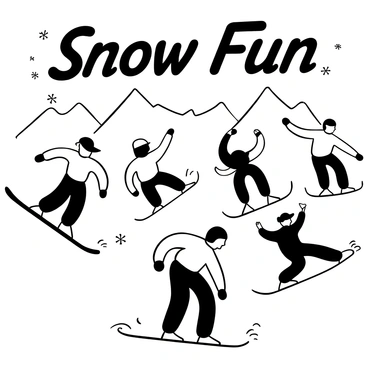 A group of snowboarders positioned at various angles as they ride down a snow-covered slope. Each snowboarder is depicted in a dynamic posture, showcasing their excitement and skill. Some snowboarders are performing tricks, such as jumping or spinning, while others are racing side by side. Snow sprays up around them as they carve through the snow, creating a sense of movement. The background features towering mountains blanketed in snow. "Snow Fun" is prominently displayed above the scene, surrounded by small snowflakes.